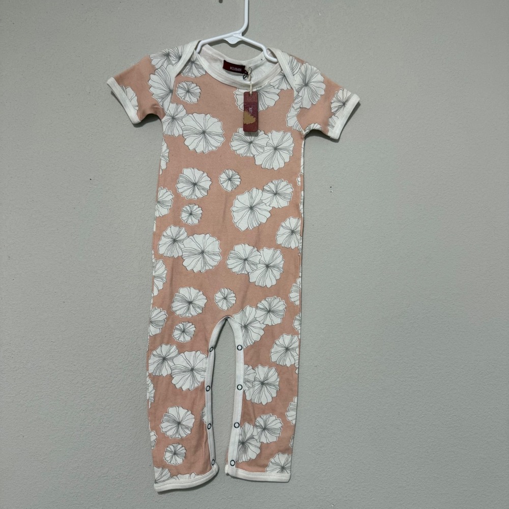 NWT Milkbarn Romper Kids 12-18 Months Peach Floral Organic Cotton Short Sleeve